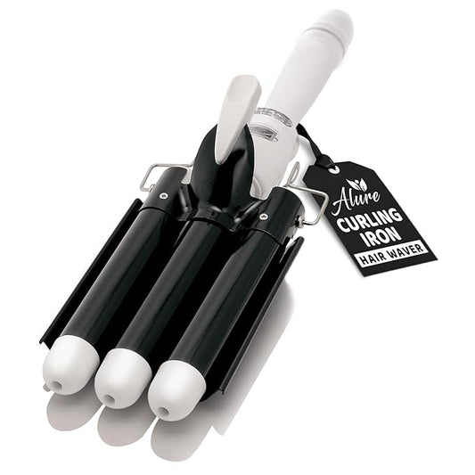 Alure Three Barrel Curling Iron Wand Hair Waver with LCD Temperature Display - 1 Inch Ceramic Tourmaline Triple Barrels, Dual Voltage Crimp (Black/White)