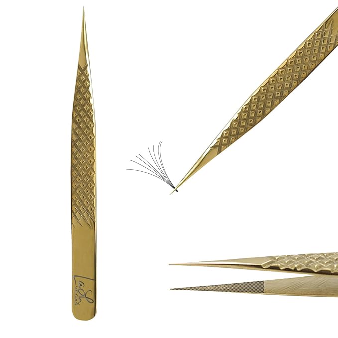 Icy Straight Tweezer - Diamond Grip Lash Tweezers for Eyelash Extensions - Fiber Tip Lash Tweezers for Classic & Volume Lash Extensions – Gold