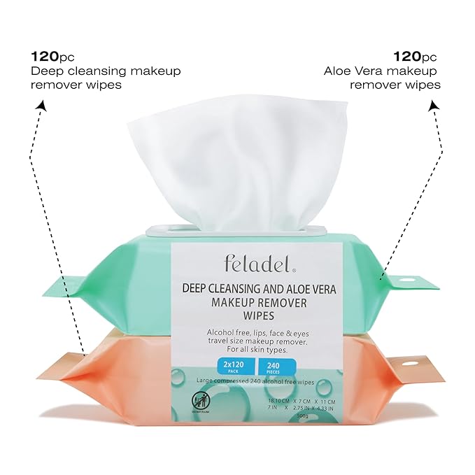 FELADEL - 240pcs Makeup Remover Wipes Set - 120pc Aloe Vera Face Makeup Wipe +120pc Deep Cleaning Makeup Remover Wipe | Easily Removes all difficult makeupes. Ultra-Soft Face wipes