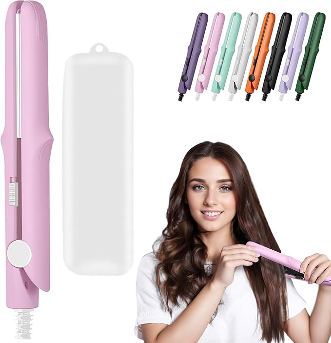 Omaky Upgraded 2-in-1 Mini Curling Wand Flat Iron Hair Straightener,Mini Dual Purpose Curling Flat Iron, Long-Lasting Portable Travel Curling Wand for Women Girls Short Hair, All Hair Types(Pink)