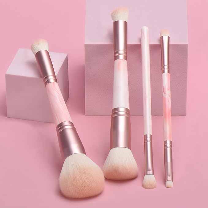 4PCS Pink Dual-Ended Makeup Brushes Set, Soft Synthetic Fiber Foundation Concealer Blending Eyeshadow Kabuki Brush, Travel-Friendly with Pouch, Vegan & Cruelty-Free