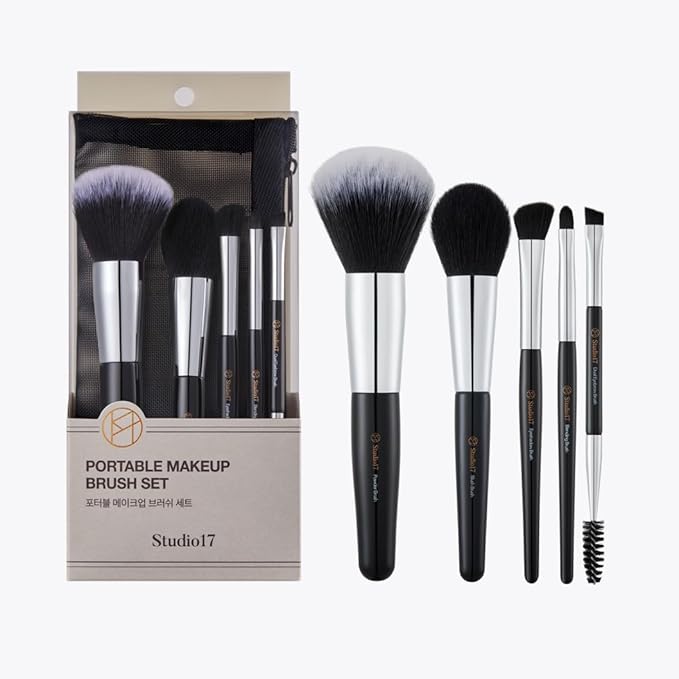 Travel Makeup Brush Set 5 Pcs | Essential Face & Eye Makeup Brush Set | Makeup Pouch & Brush Cover Included