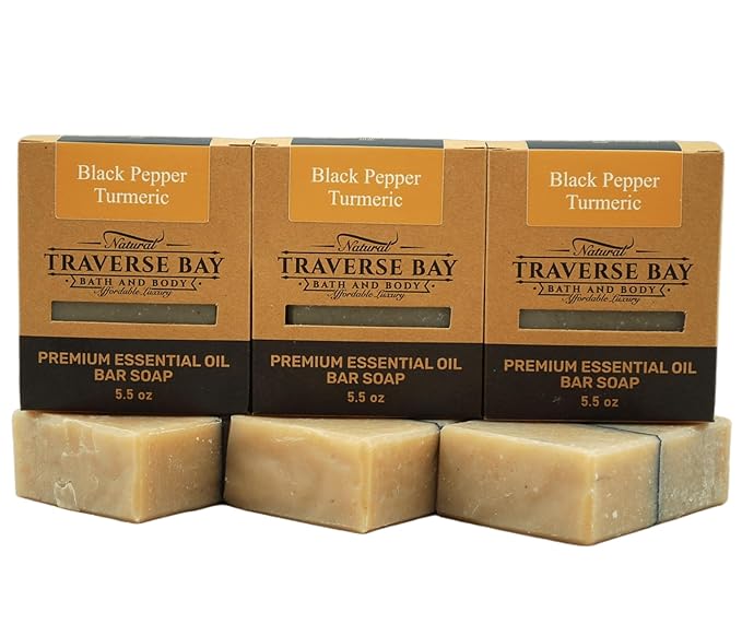 Traverse Bay Bath and Body- All natural handmade cold process bar soap, Turmeric, Black Pepper, Ginger,Exfoliating essential oil soap. 3 bar pack 16 + oz. Made in the USA