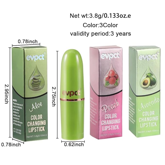 BINGBRUSH Aloe vera Color Changing Lipstick,Moisturizer Long Lasting Lip Care Magic Lip Gloss,Makeup Lipstick Set (3Pcs Aloe vera+ Peach+ Avocado Green, 3 Count (Pack of 1))