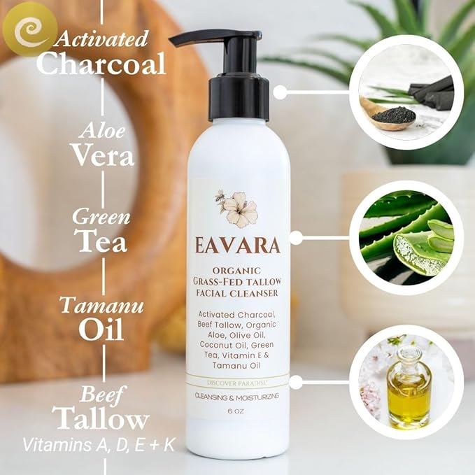 Beef Tallow Face Wash – Natural and Hydrating with Activated Charcoal, Aloe, Hyaluronic Acid, and Green Tea – Facial Cleanser with Grass Fed Beef Tallow – Face Wash for Women and Men – 6oz Pump