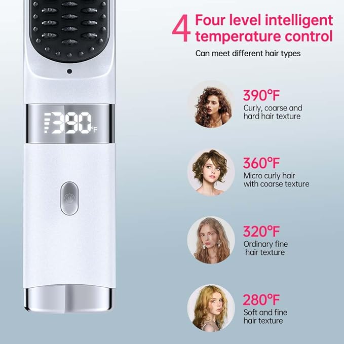 Cordless Hair Straightener Brush Portable on The go Comb for Travel USB chargingTwo Power sources30s Fast HeatingLCD Large Screen Display (White)