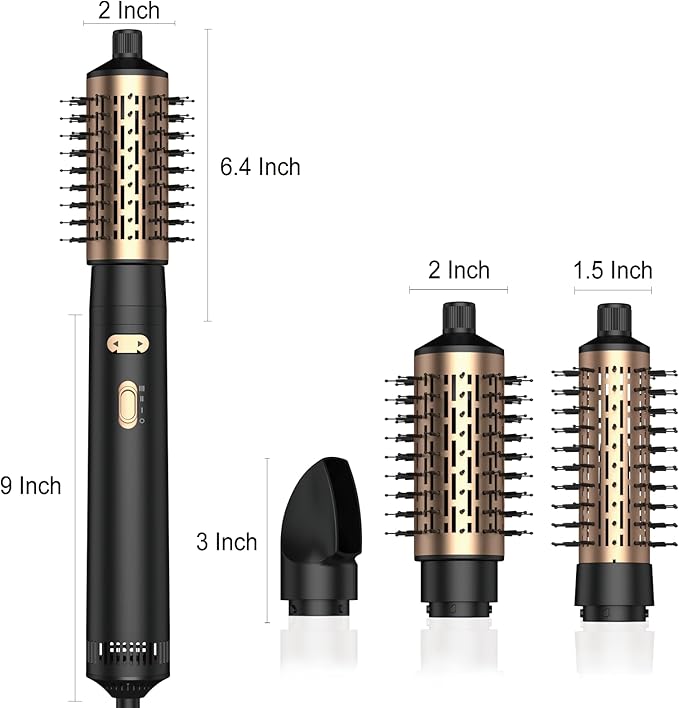 3 in 1 Rotating Hair Dryer Brush,Negative Ionic Professional Brush Blow Dryer with Detachable Brush(2" & 1.5"),3 Heats and 2 Speeds Rotating Hot Air Brush for Curling,Straight,Drying
