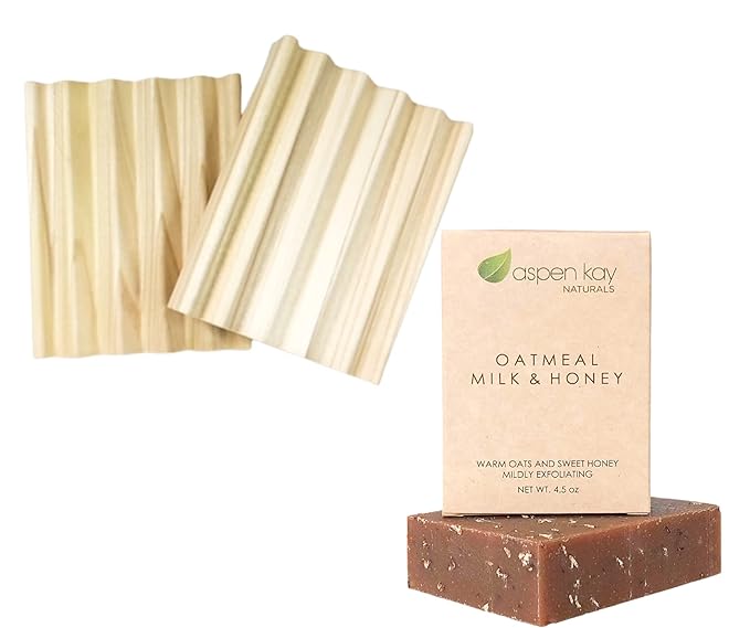 Oatmeal Milk & Honey Soap - Natural and Organic Ingredients & 2 Pack Soap Bar Dish, Draining Dish - 100% Natural Poplar Wood, No Chemical Varnish