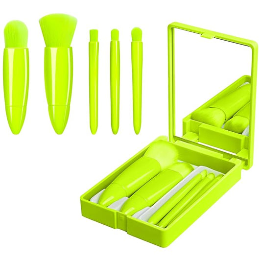 Travel Makeup Brush Set, Portable 5 PCS Mini Makeup Brushes with Mirror, Easy-taken Makeup Tool Set for Eyeshadow, Contour, Blush, Complete Function Cosmetic Profesional Tools (Green)