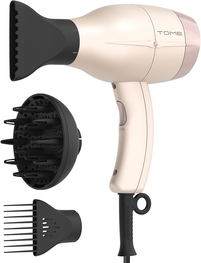 TOME Hair Dryer with Diffuser Blow Dryer Ionic 1875W Cool Shot Curly Hair Teeth Comb Nozzle attachments Light Weight Low Noise Fast Dry Pink