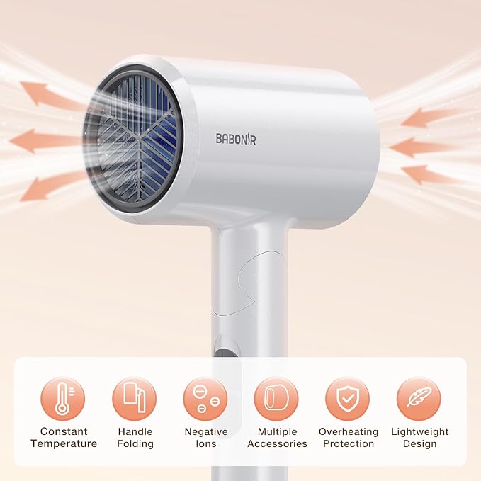 Blow Dryer with Diffuser, 1875W Fast-Drying, Foldable, Ionic Turbo Hair Dryer with Diffuser & Concentrator Nozzle, Compact, 3 Heat & 2 Speed Settings, 8FT Cord for Home Salon, White