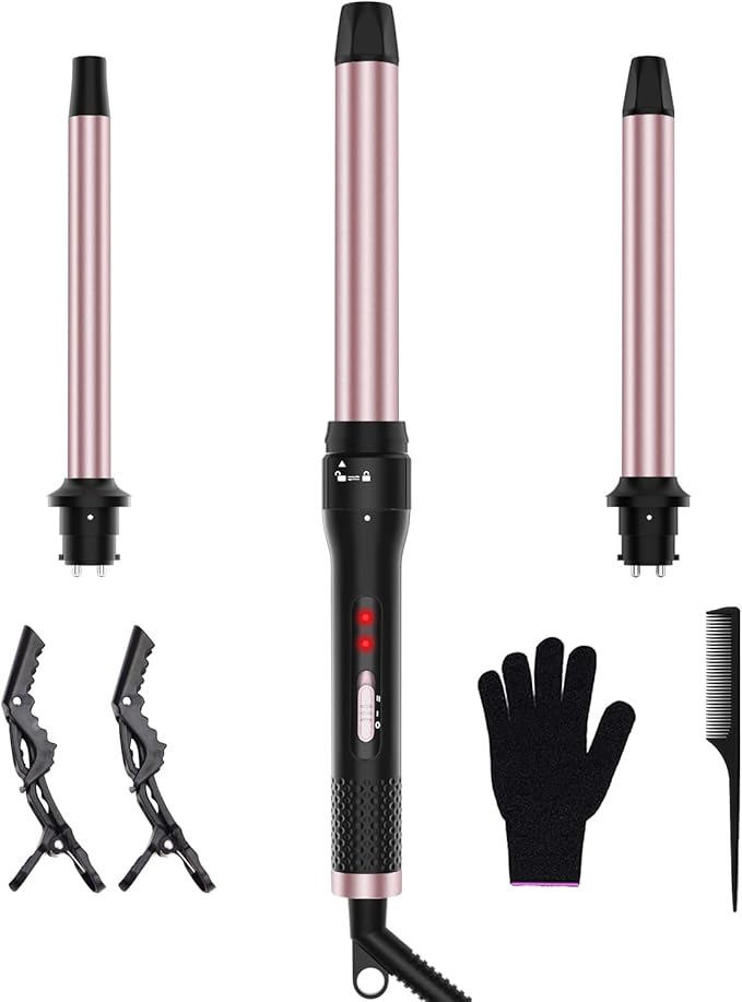 3 in 1 Curling Iron, Curling Wand Set with 3 Interchangable Ceramic Beach Waves Wands(0.75"-1.25"), Dual Voltage 30s Fast Heating with Heat Resistant Glove & 2 Clip for Long/Short All Hairstyle