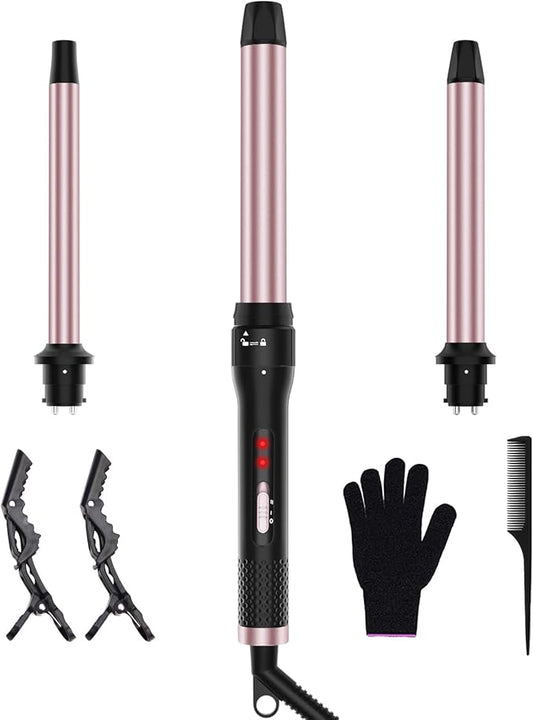 3 in 1 Curling Iron, Curling Wand Set with 3 Interchangable Ceramic Beach Waves Wands(0.75"-1.25"), Dual Voltage 30s Fast Heating with Heat Resistant Glove & 2 Clip for Long/Short All Hairstyle