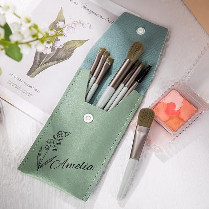 callie Personalized Birth Flower Makeup Brush Set, Custom Travel Cosmetic Makeup Brush Set with Bag Holder Case, Birthday Gift for Women (8 Brushes)