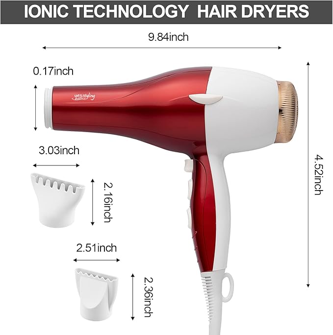 Professional Salon Hair Dryer, 1875W Blow Dryer, 2 Concentrator Nozzles, 3 Heat Settings, 2 Speed Slide Switch, Cool Shot Button, Fast Drying for Family, Low Noise (Red and White)