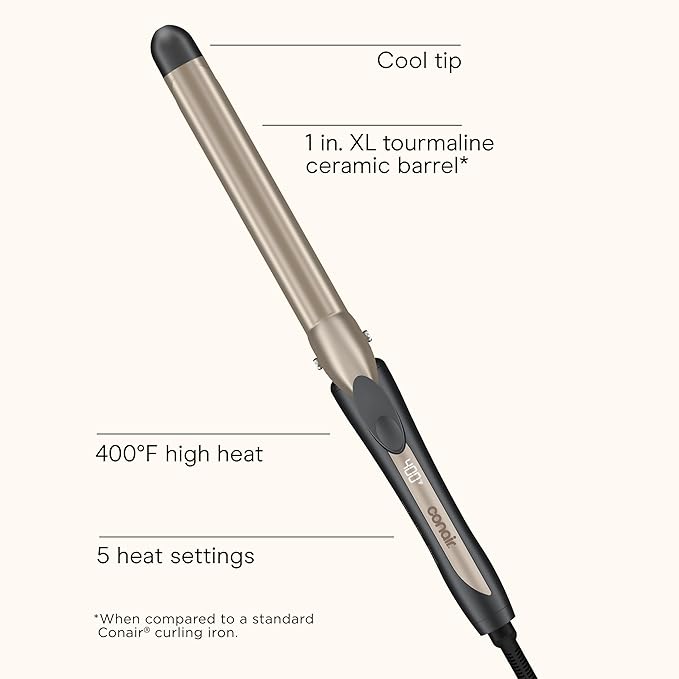 INFINITI PRO CONAIR Tourmaline Ceramic Long Barrel 1-Inch XL Curling Iron, 1-Inch Extra Long Barrel Produces Classic Curls, Hair Curler for Use on Short, Medium, and Long Hair, Champagne/Charcoal Grey
