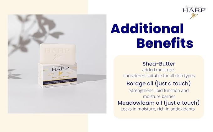 HARP® Fragrance Free Body Wash Bar – pH Balanced (5.0–6.0) Syndet Cleanser, No Lye, Non-Comedogenic, Gentle for Sensitive & Dry Skin, With Shea Butter & Borage Oil. 3-5oz Bars.