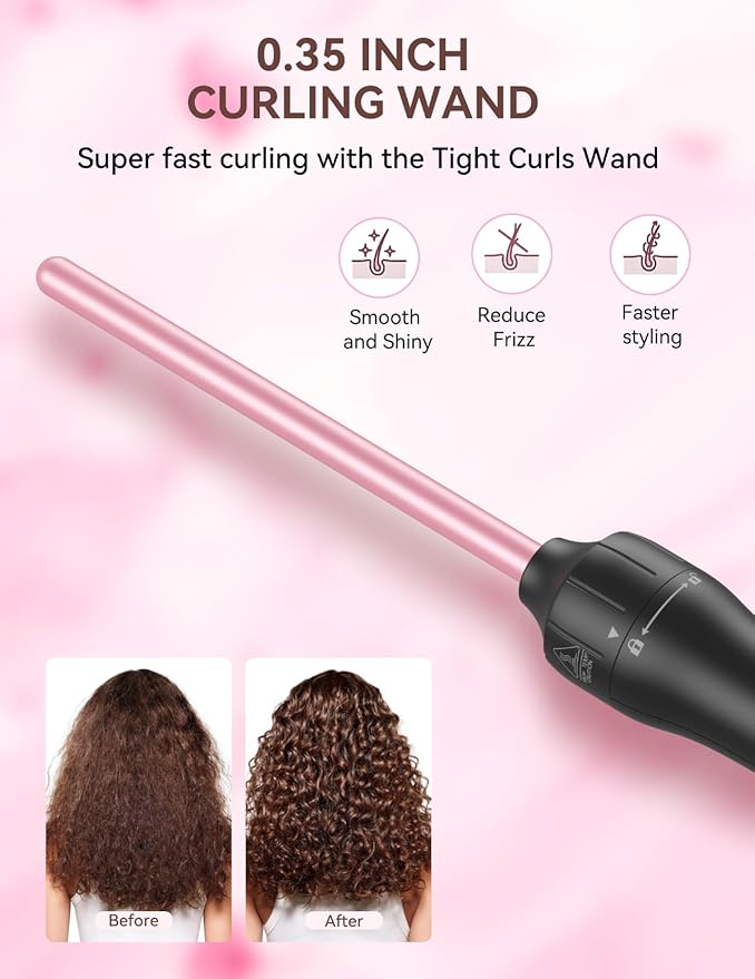 LANDOT Small Pencil Curling Wand Iron: 9mm Clip Free Hair Curler - Professional 3/8 Inch Curling Wand for Tight Curls - Includes Heat Resistant Silicone Mat & Glove