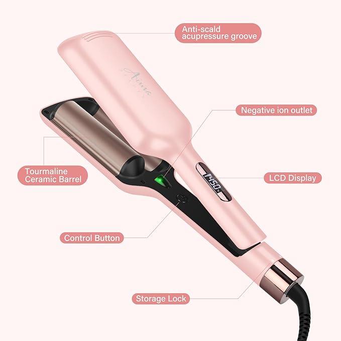 32mm (1.25") Aima Beauty Twins Mermaid Loose Waves Hair Waver, Anti-Scald Wave Curling Iron, Curling Wand 2 Barrel Hair Crimper for Women PTC 15S Heats Up Dual Voltage Medium/Long Hair Pink