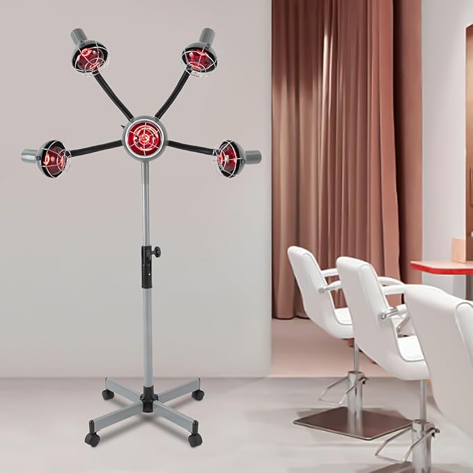 750W 5Heads Infrared Heat Lamp,Hairdressing Heater,Hair Dryer,Infrared Lamp 5 Head for Hair Salon Hairdressing Hair Color Processor & Dryer with Rolling Base,Height & Temperature Adjustable