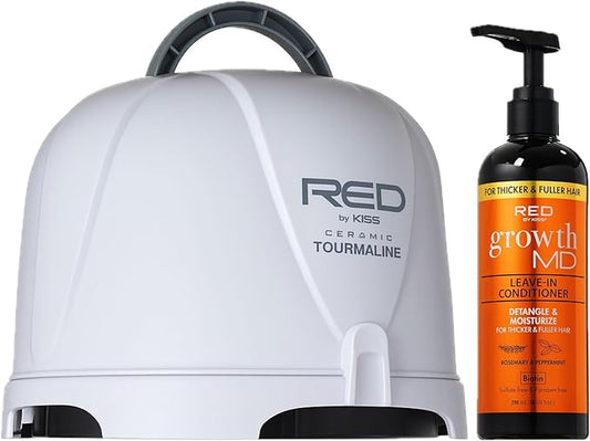 Red by Kiss Professional Haircare Bundle, 3000 Ceramic Tourmaline Hood Dryer & Growth MD Leave-in Conditioner with 5X Menthol, Biotin & Niacinamide, for Thicker, Fuller, Healthier Hair