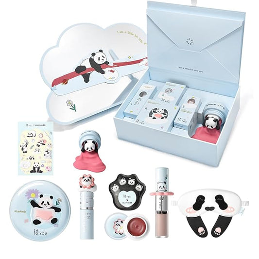 INTO YOU x M.Lan Panda The Color Mixer Set Limited Edition - 7 pieces Makeup Box Sets, Matte Lipstick + Canned Lip Mud + Blush & Highlight Duo + Cushion Foundation + Gift Bundle, M02 Set