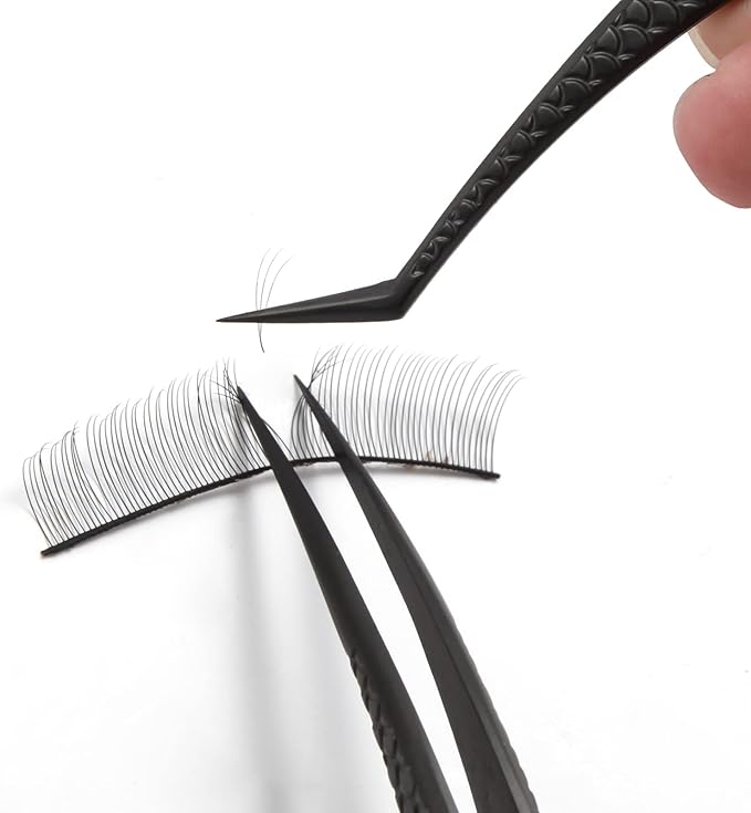 FEITA Diamond Grip Eyelash Extensions Tweezer Lash Precision Tweezers, Japanese Steel Dolphin-shaped & Angled Tip, False Lashes Application Tools, Black 2Pcs