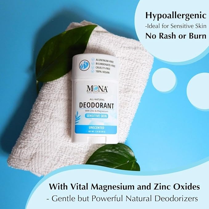 MONA BRANDS All Natural Deodorant For Women & Men | For Sensitive Skin | No Aluminum or Baking Soda | (2-Pack UNSCENTED 1.76 Oz each)