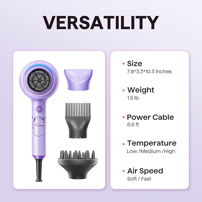 Wavytalk Blow Dryer with Diffuser, Blown Away Ionic Hair Dryer for Curly Hair with Comb, 1875W Fast Drying Blow Dryer with Ceramic Technology, 3 Attachments for All Hair Types, Light and Quiet, Purple