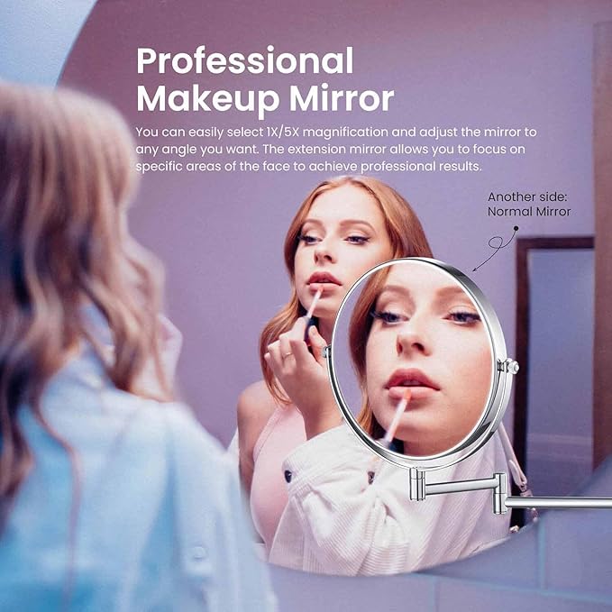 KIBI Circular Wall Mount Makeup Mirror, Dual-Sided 1x/5x Magnifying Mirror with Extendable Arm, 360° Swivel, Solid Brass Construction for Durability and Style (Chrome, KMM100)
