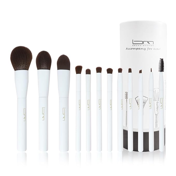 Makeup Brushes Set 12Pcs Professional Kabuki Foundation Eyeshadow Blush Blending Lip Full Face Cosmetic Kit W/Makeup Brush Set with Holder(White)