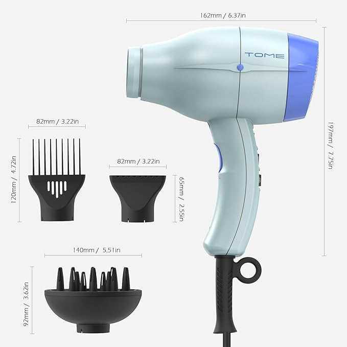 TOME Hair Dryer with Diffuser Blow Dryer Ionic 1875W Cool Shot Curly Hair Teeth Comb Nozzle attachments Light Weight Low Noise Fast Dry Blue