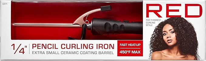Red by Kiss RED 1/4 Inch Thin Curling Iron, Pencil Curling Iron, Extra Small Ceramic Coating Barrel, Skinny Curling Iron Wand for Long & Short Hair