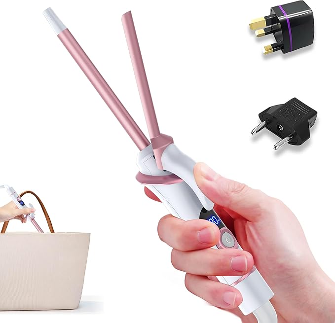 Small Barrel Mini Thin Curling Iron for Short Hair Dual Voltage with European UK Plug Adapter 3/8 Inch Travel Size Curling Iron to Tight Corkscrew Curls with 30S Fast Heating, 5 Temps for Global