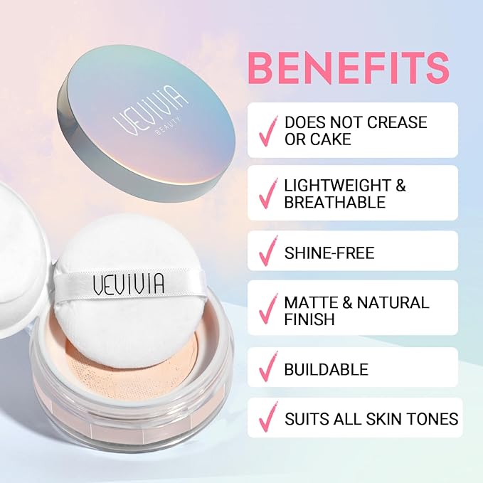 Vevivia Setting Powder - Creaseless Face Powder, Long Lasting Loose Powder Makeup with Blurring and Natural Finish, Loose Setting Powder for All Skin Types, Shine Control, Up to 24 Wear, Lavender
