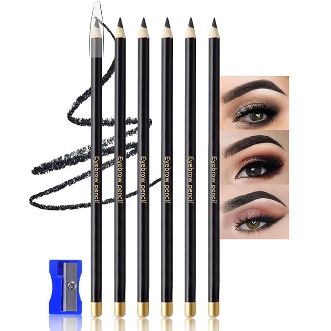 6Pcs Black Eyebrow Pencils for Women,Wooden Hard-Core Eyebrow Eyeliner Pencil,Sharpener Included,Long Lasting Waterproof Sweat-proof Create a Natural Eye Brow Makeup,Beginner Brow Pencil,Cruelty-Free