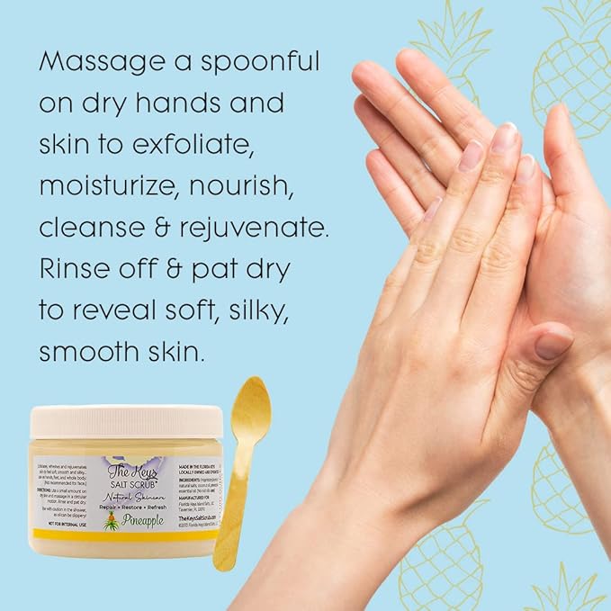 The Keys Salt Scrub -Sea Salt Scrub - Exfoliating Body Scrub with Wooden Spoon - Moisturizing Exfoliator for Hands, Foot, Bath, (Pineapple) (12 Fl Oz (Pack of 3), Pineapple)