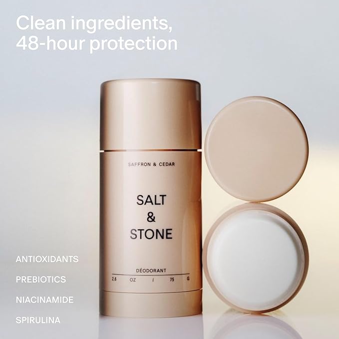 SALT & STONE Aluminum Free Deodorant | Extra Strength 48 Hour Protection for Women & Men | Made with Seaweed Extracts, Niacinamide & Prebiotics (Saffron & Cedar)
