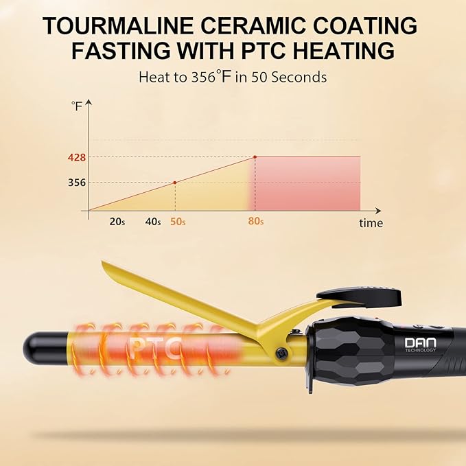 DAN Technology 3/4 Inch Curling Iron Wand, Tourmaline Ceramic Hair Curler with LCD Display (180°F–430°F), Fast Heating, Dual Voltage, Auto Shut-Off, Black & Gold