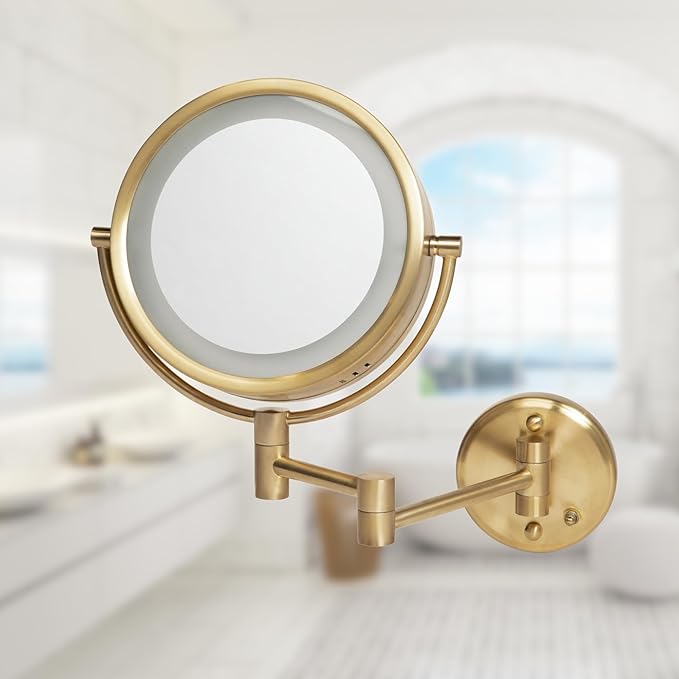 JERDON Wall-Mounted Makeup Mirror with LED Light - Direct Wire Lighted Makeup Mirror with 8X Magnification - 8.5-inch Diameter Mirror with Gold Finish Wall Mount - Model HL75BGD