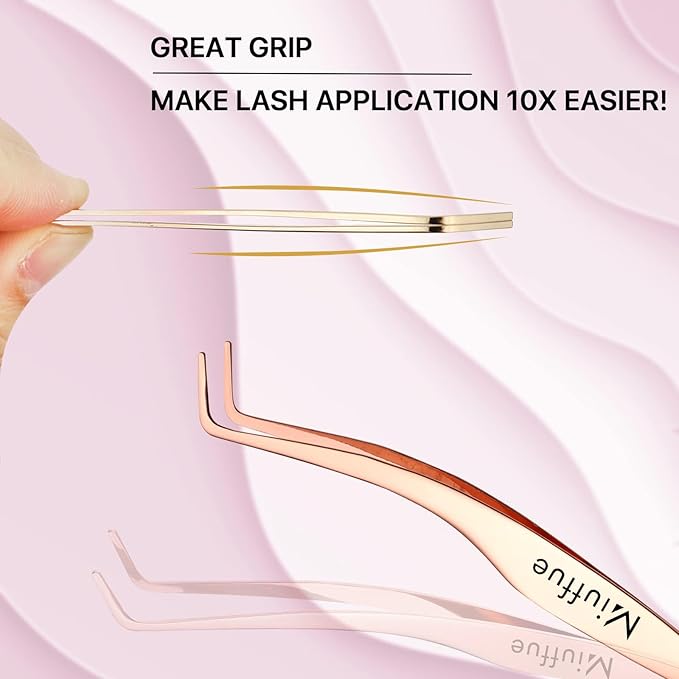 False Eyelash Applicator DIY Lash Applicator Tool Stainless Steel Curved Eyelash Tweezers for Strip Lashes, Rose Gold