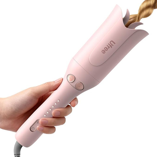 Ufree Automatic Curling Iron - 1-Click Rotating Hair Curler with 3 Temp & Timers, 360° Anti-Scald Design, 1M Ionic Hair Care, Dual Voltage Auto Hair Curler for Beach Waves, Pink