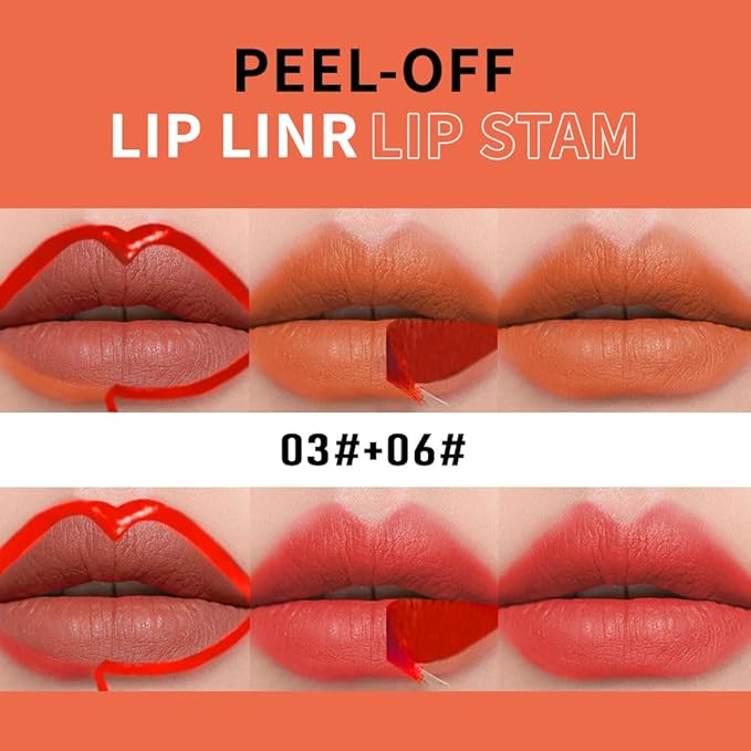 2Pcs Matte Lip Stain Peel Off Lip line Tattoo, Peel-off Lip Stain Masque - All Day Peel Off Lip Tint，Long Lasting Waterproof Transfer-proof Lip Mask Lip Color Peel Off Lip Gloss,Stay Lip Makeup 03+06