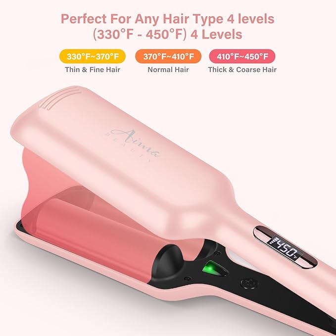 32mm (1.25") Aima Beauty Twins Mermaid Loose Waves Hair Waver, Anti-Scald Wave Curling Iron, Curling Wand 2 Barrel Hair Crimper for Women PTC 15S Heats Up Dual Voltage Medium/Long Hair Pink