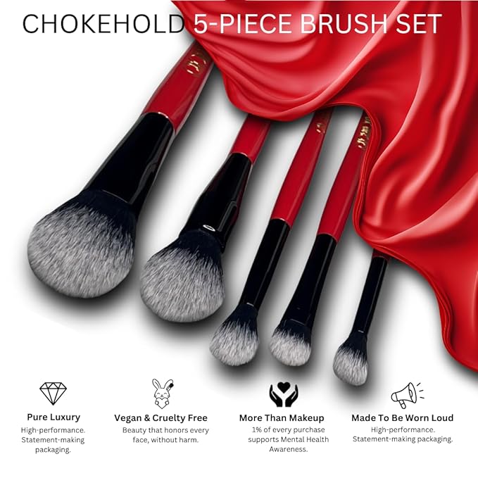 Professional Makeup Brush Set, 5-Piece, Ombre Bristles, Vegan, Red-Black Handle with Gold Branding