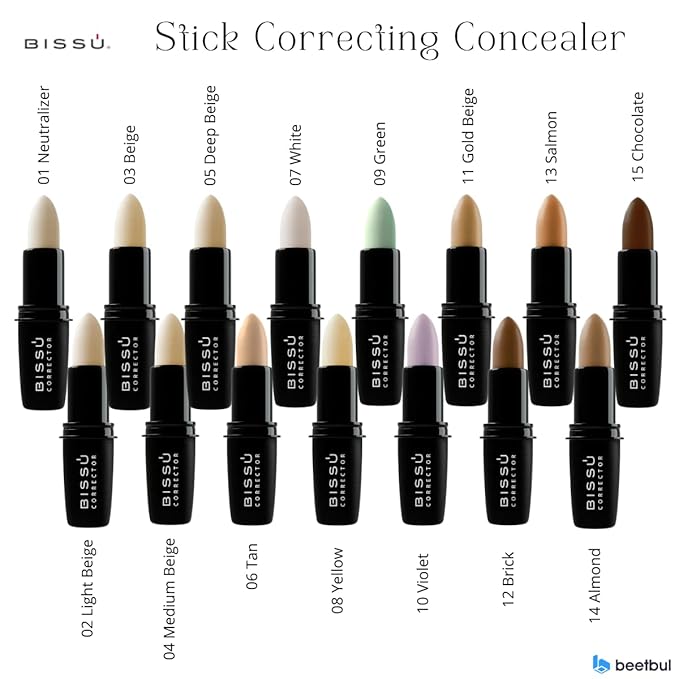 Bissú Stick Correcting Concealer - 15 Versatil Shades, Natural Finish, Contouring, Highlighting, Easy Application, 4,7 grms (Tan, Stick)