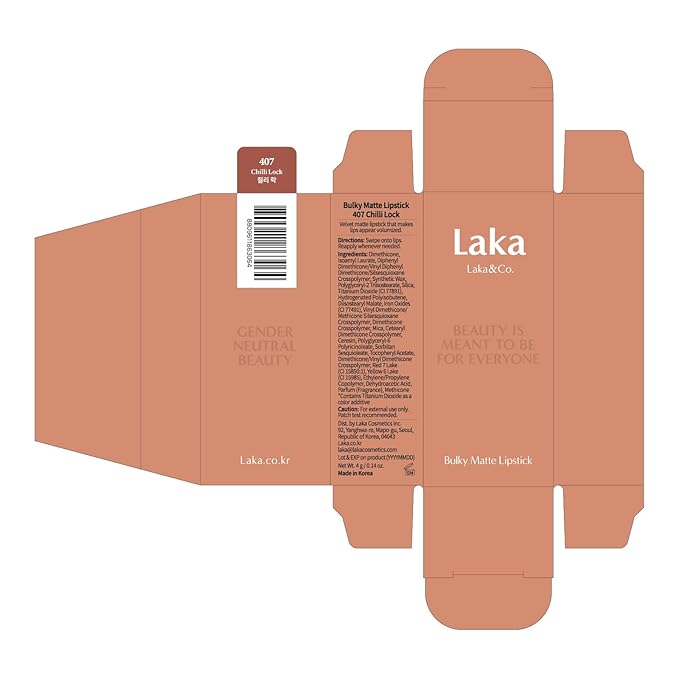 Laka Bulky Matte Lipstick 4g/0.14oz., Long Wear, Non-Drying Lip Stain Stick with High Pigmentation, Voluminous Lips, Vegan, K-Beauty (#408 Chilli Lock)