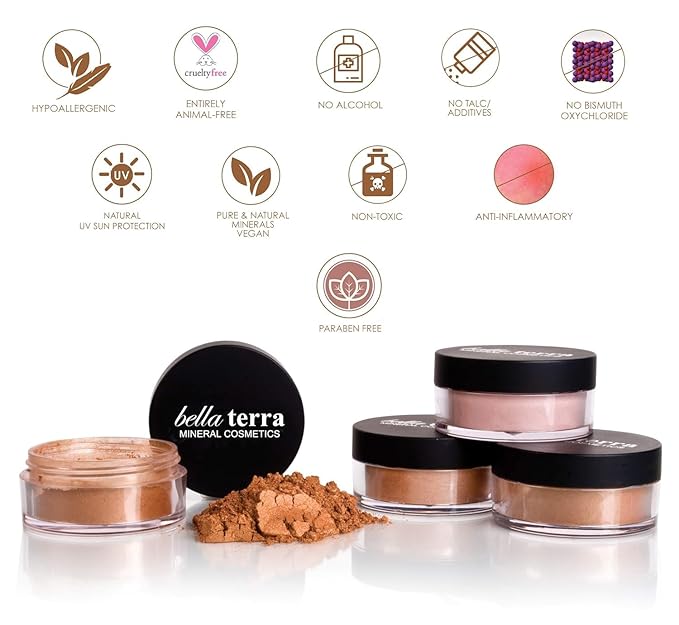 BellaTerra Cosmetics Mineral Bronzer – Travel Compact Vegan Tanning Contour Powder for Face & Body – Soft Synthetic Bristles for Smooth Foundation, Powder Sensual (Rose Petal)