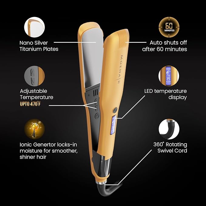 MOEHAIR Professional Titanium Ionic Flat Iron Hair Straightener for Straightening, Waving, Curling, & Flip | 1.5" Ceramic Floating Plates | Adjustable Temperature | Auto Shut Off | for All Hair Types