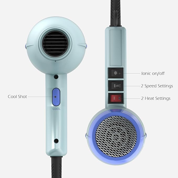 TOME Hair Dryer with Diffuser Blow Dryer Ionic 1875W Cool Shot Curly Hair Teeth Comb Nozzle attachments Light Weight Low Noise Fast Dry Blue
